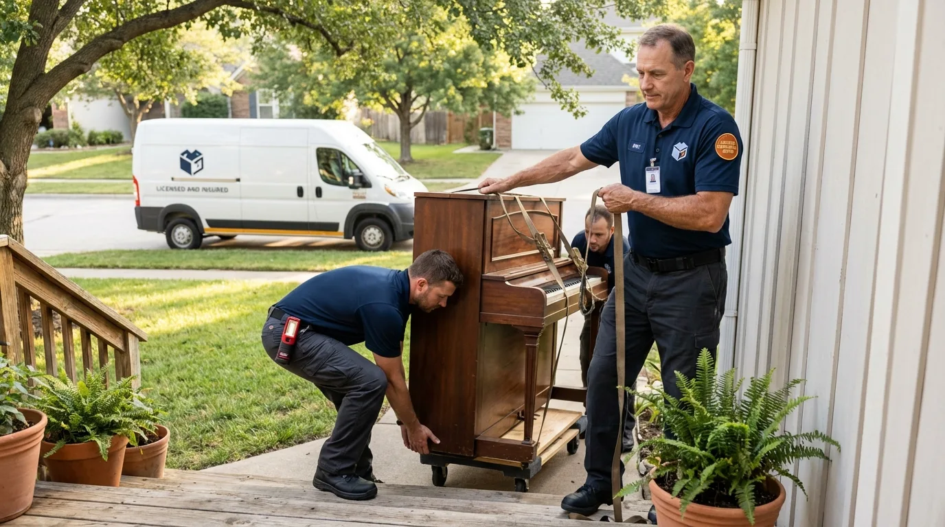 Licensed piano movers securing grand piano in Merrimack, NH