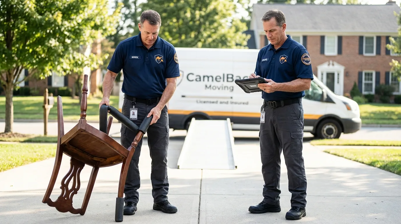 Movers inspecting furniture for damage prevention before loading in Merrimack, NH