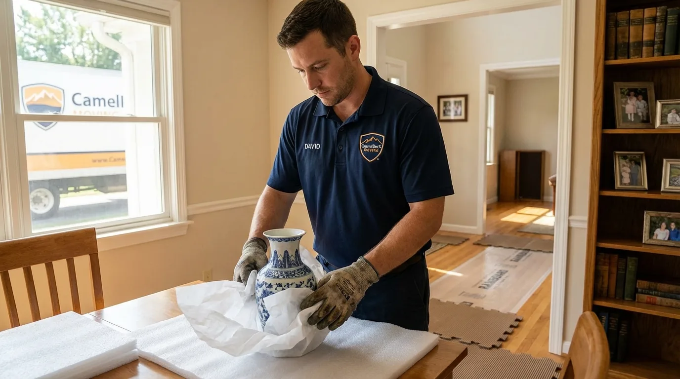Professional crew carefully wrapping antique vase for senior downsizing move in Merrimack, NH