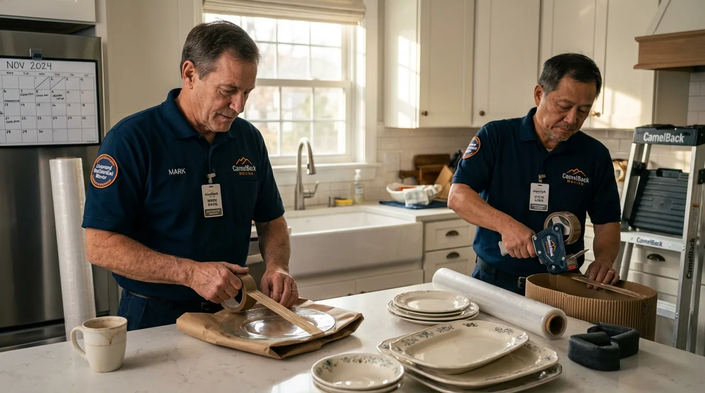 Professional crew packing kitchen dishware in Merrimack, NH